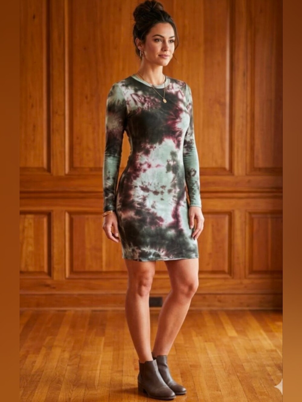 Liv & Lottie Tie-Dye Long Sleeve Bodycon Dress Olive Green Wine Size Large